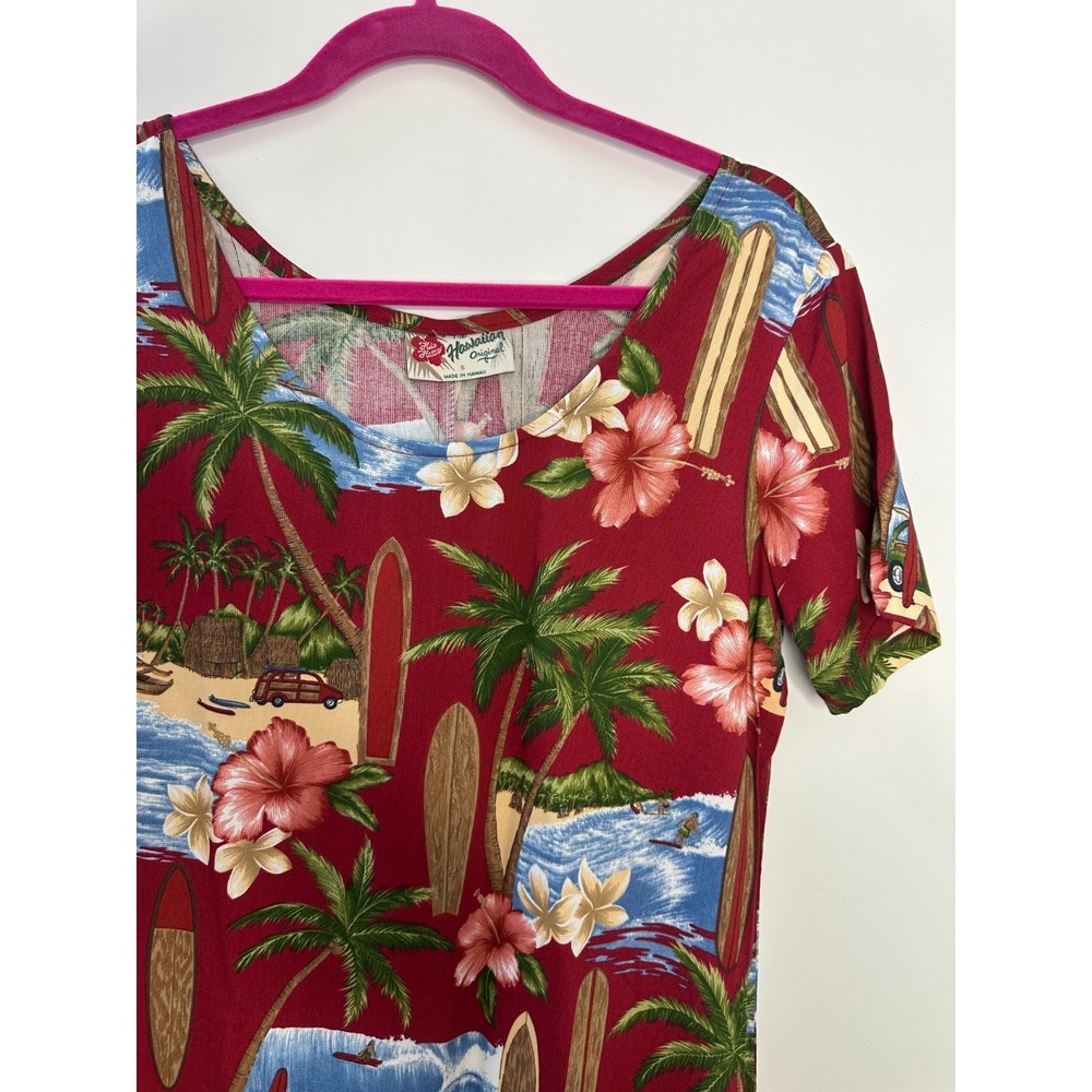 Hilo Hattie Red Tropical Scenic Surfboard Rayon Midi Dress Small Hawaiian Floral - Picture 4 of 14